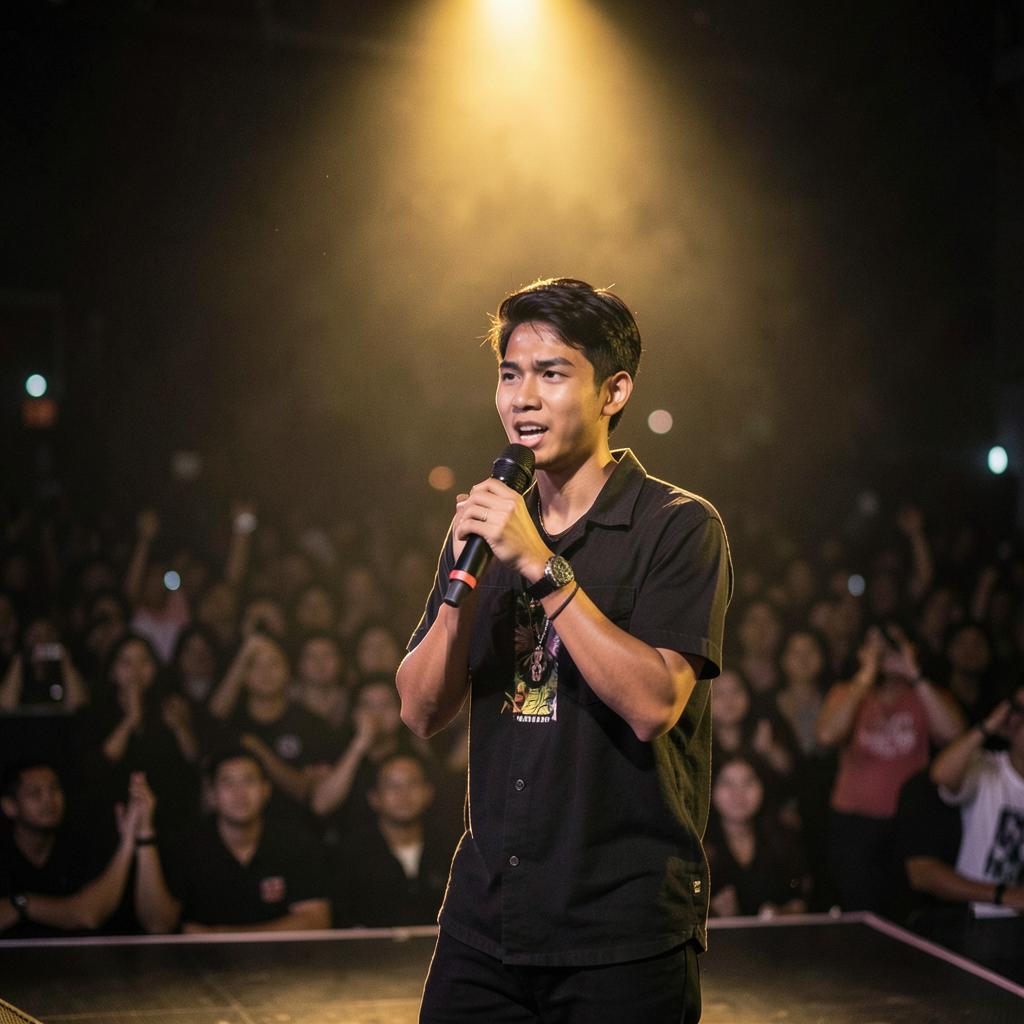 Ukasyah memegang mikrofon di atas panggung dengan sorotan lampu